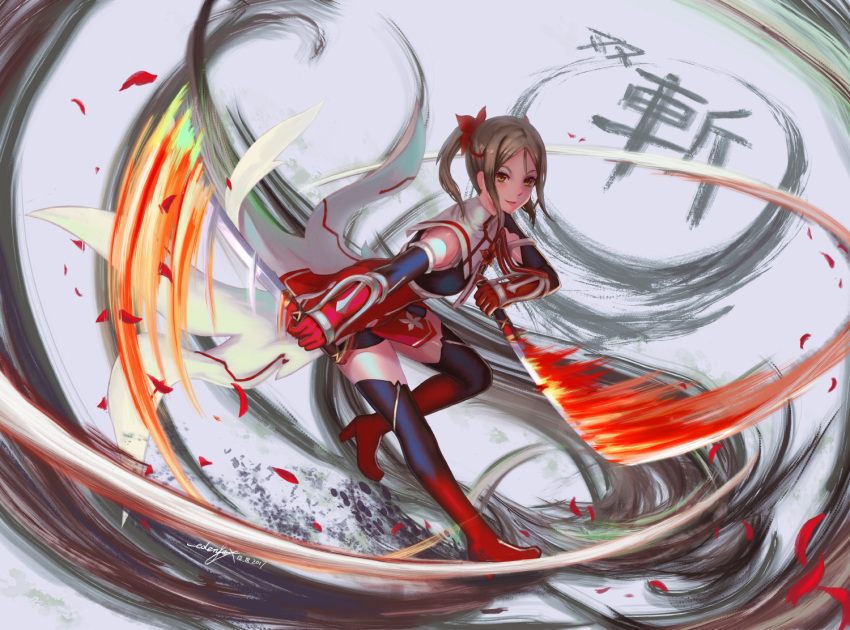 1girl 2017 artist_name bent_over blush boots brown_eyes brown_hair dated dual_wielding edenfox female_focus from_side high_heels holding holding_sword holding_weapon leg_up miyoshi_karin outstretched_arm parted_bangs parted_lips signature solo sword thigh_boots thighhighs twintails weapon yuuki_yuuna_wa_yuusha_de_aru yuusha_de_aru
