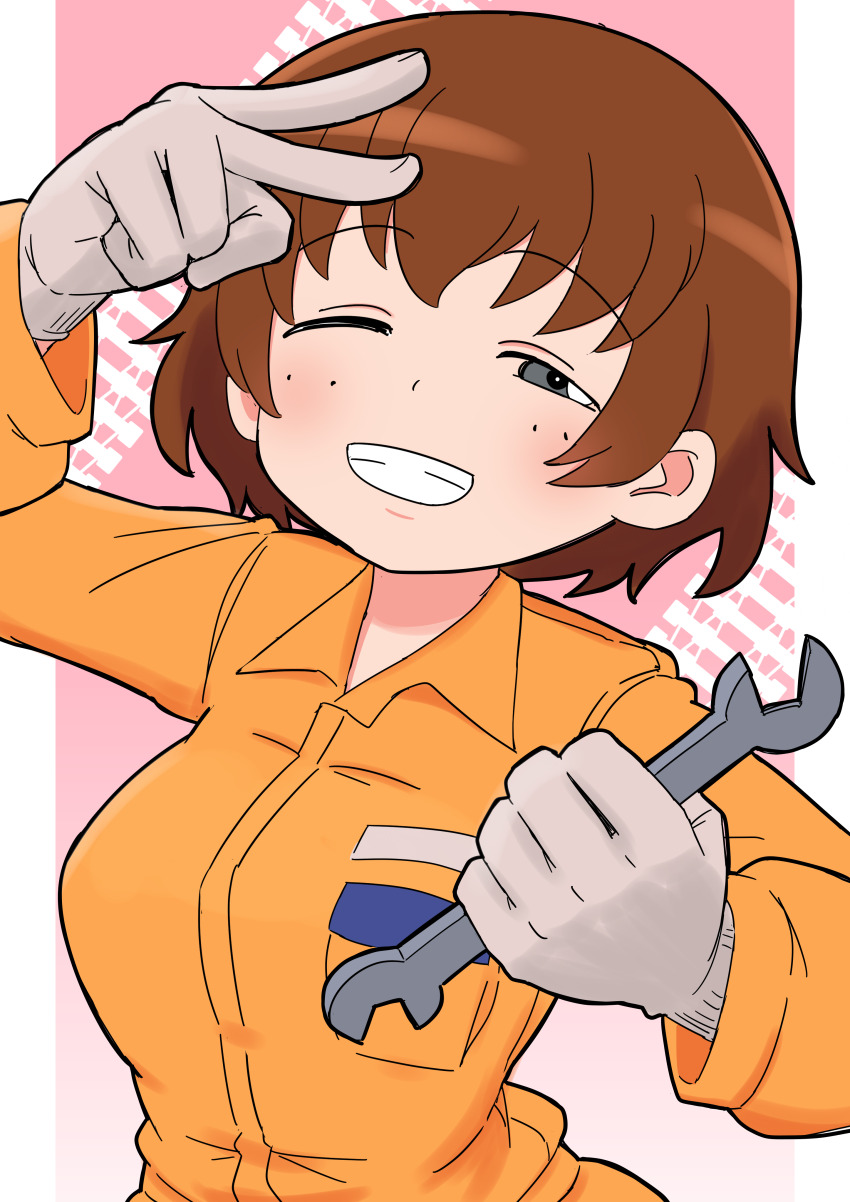 1girl absurdres brown_eyes brown_hair caterpillar_tracks commentary girls_und_panzer gloves grey_gloves grin half-closed_eye highres holding holding_wrench jumpsuit long_sleeves mechanic one_eye_closed orange_jumpsuit pink_background short_hair smile solo tsuchiya_(girls_und_panzer) upper_body v v_over_eye wrench yb_norio