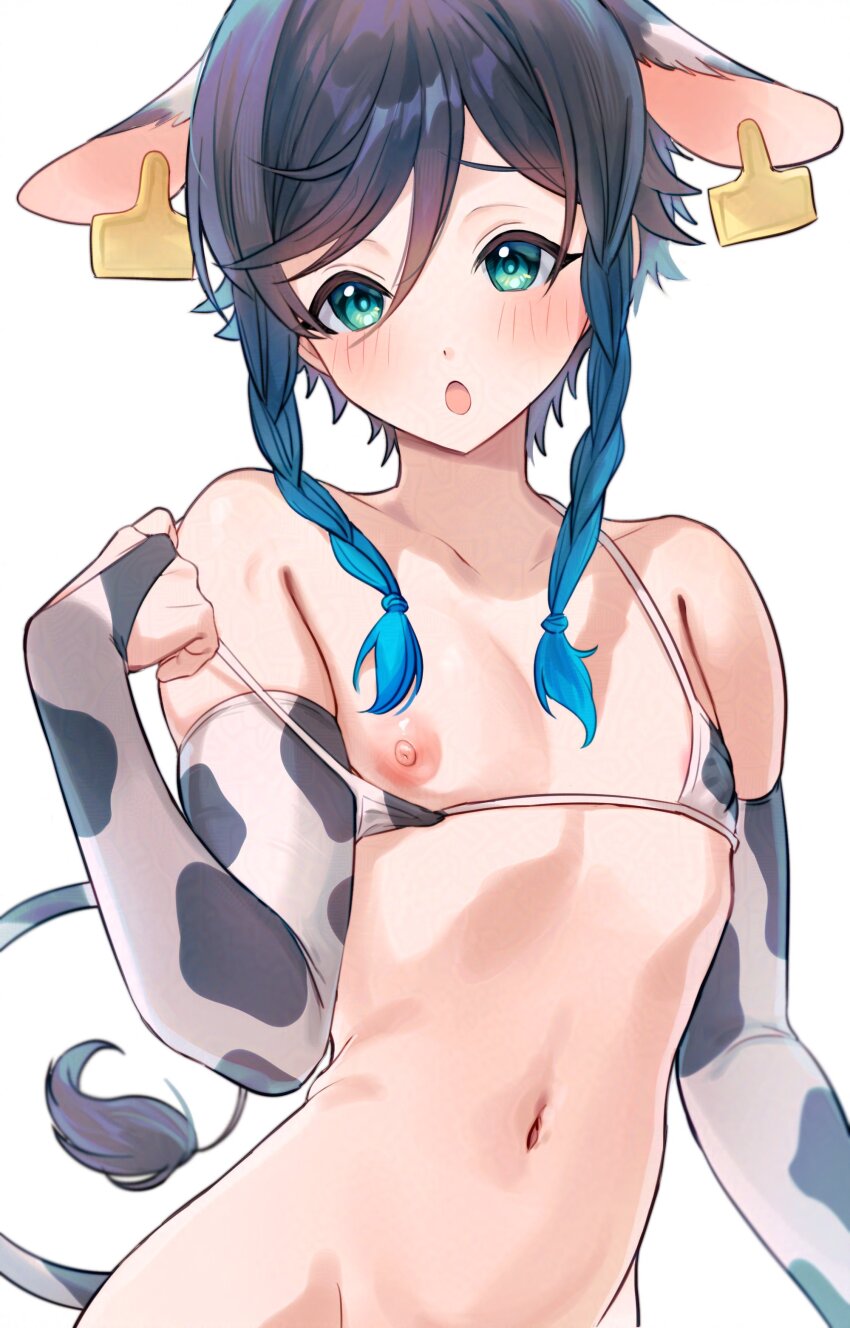 1boy :o absurdres animal_ears animal_print aqua_eyes bikini black_hair blue_hair cow_boy cow_ears cow_print cow_print_bikini cow_print_sleeves cow_tail don9ri fingerless_gloves genshin_impact gloves gradient_hair highres long_hair male_focus multicolored_hair navel nipples open_mouth print_bikini solo stomach swimsuit tail venti_(genshin_impact) white_background