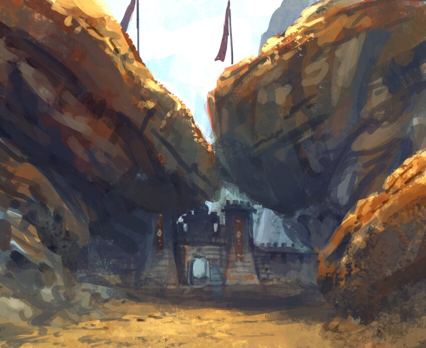 absurdres arch banner blue_sky boulder canyon entrance fortress highres no_humans original painting_(medium) sanegesan scenery shadow sky stone_wall sunlight traditional_media