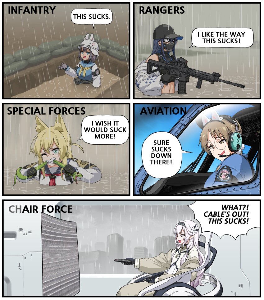 5girls animal_ears assault_rifle biting_another blonde_hair blue_archive commentary controller english_commentary english_text flood fox_ears gun headset henshako highres himari_(blue_archive) holding holding_gun holding_remote_control holding_weapon kurumi_(blue_archive) left-to-right_manga mixed-language_commentary moe_(blue_archive) multilingual_commentary multiple_girls no_halo pointy_ears rabbit_platoon_(blue_archive) rain remote_control rifle saki_(blue_archive) sandbag saori_(blue_archive) sig_516 snake speech_bubble trench unit_patch watching_television weapon x_x