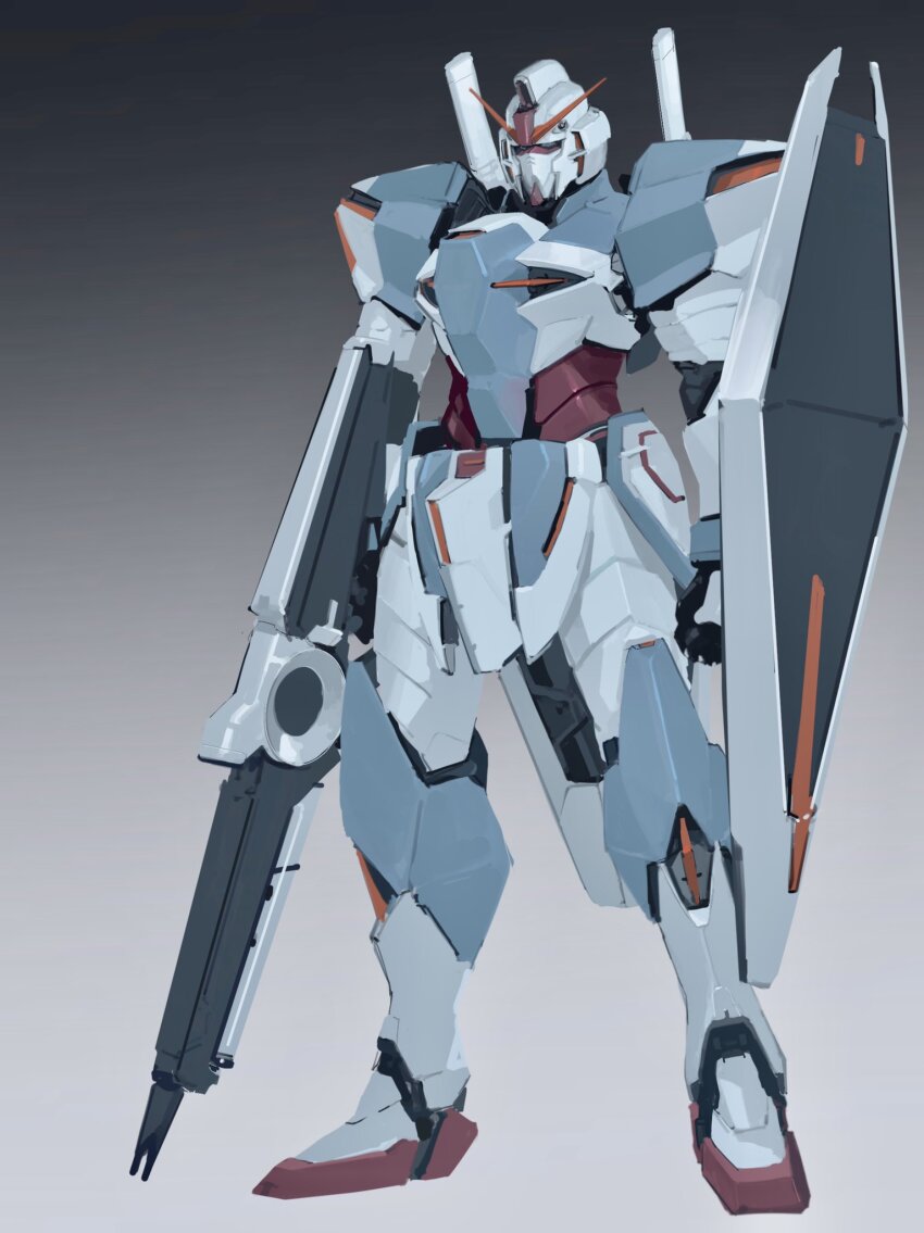 full_body gradient_background green_eyes gun gundam highres holding holding_gun holding_shield holding_weapon looking_ahead mecha mobile_suit no_humans original rintaro_komori robot science_fiction shield solo standing v-fin weapon