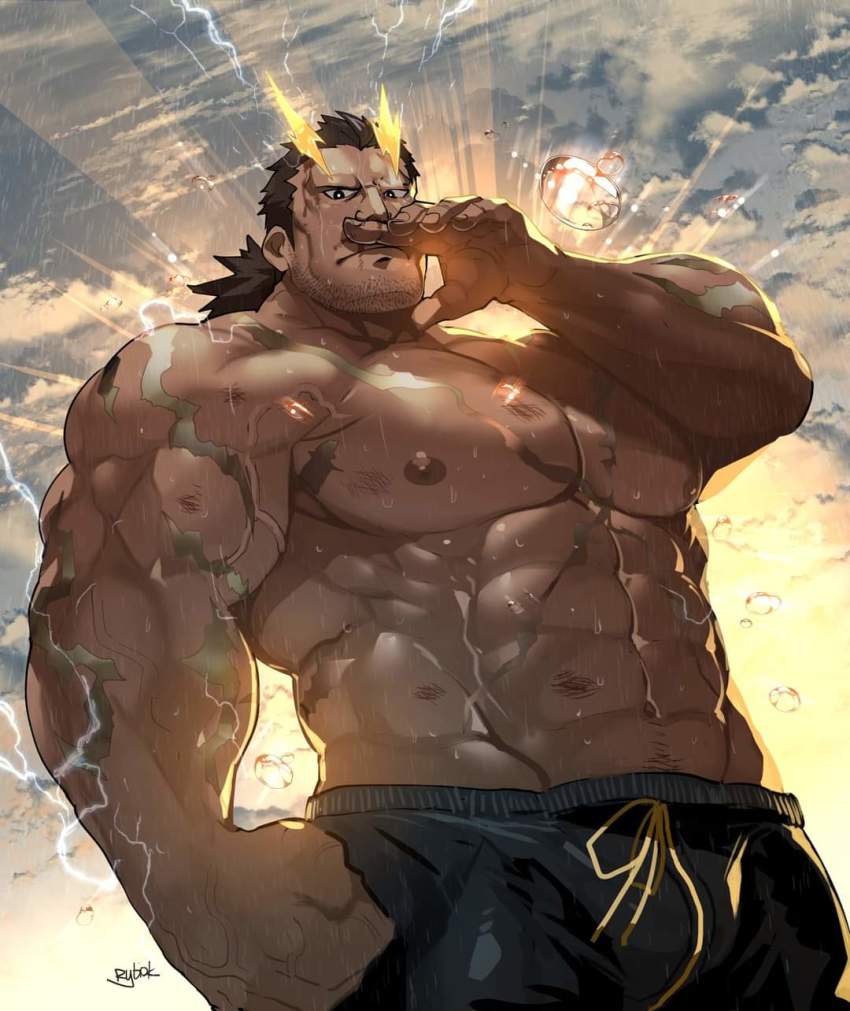 1boy abs bara black_eyes black_pants brown_hair closed_mouth dark-skinned_male dark_skin hand_to_own_mouth highres kintsugi large_pectorals lightning looking_at_viewer looking_down low_ponytail male_focus muscular muscular_male navel nipples pants pectorals ponytail rain rybiok sky solo taishakuten_(housamo) tokyo_houkago_summoners topless_male upper_body veins veiny_arms veiny_hands water_drop