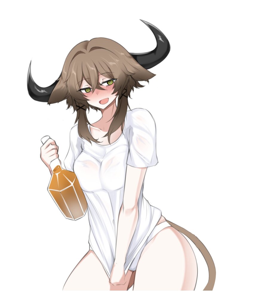 1girl :d absurdres alcohol animal_ears arknights black_horns bottle breasts bright_pupils brown_hair brown_tail cropped_legs crossed_bangs green_eyes hair_between_eyes hair_ornament highres holding holding_bottle horns large_breasts looking_at_viewer medium_hair open_mouth pallas_(arknights) panties purerin shirt short_sleeves simple_background smile solo standing t-shirt tail underwear white_background white_panties white_pupils white_shirt x_hair_ornament
