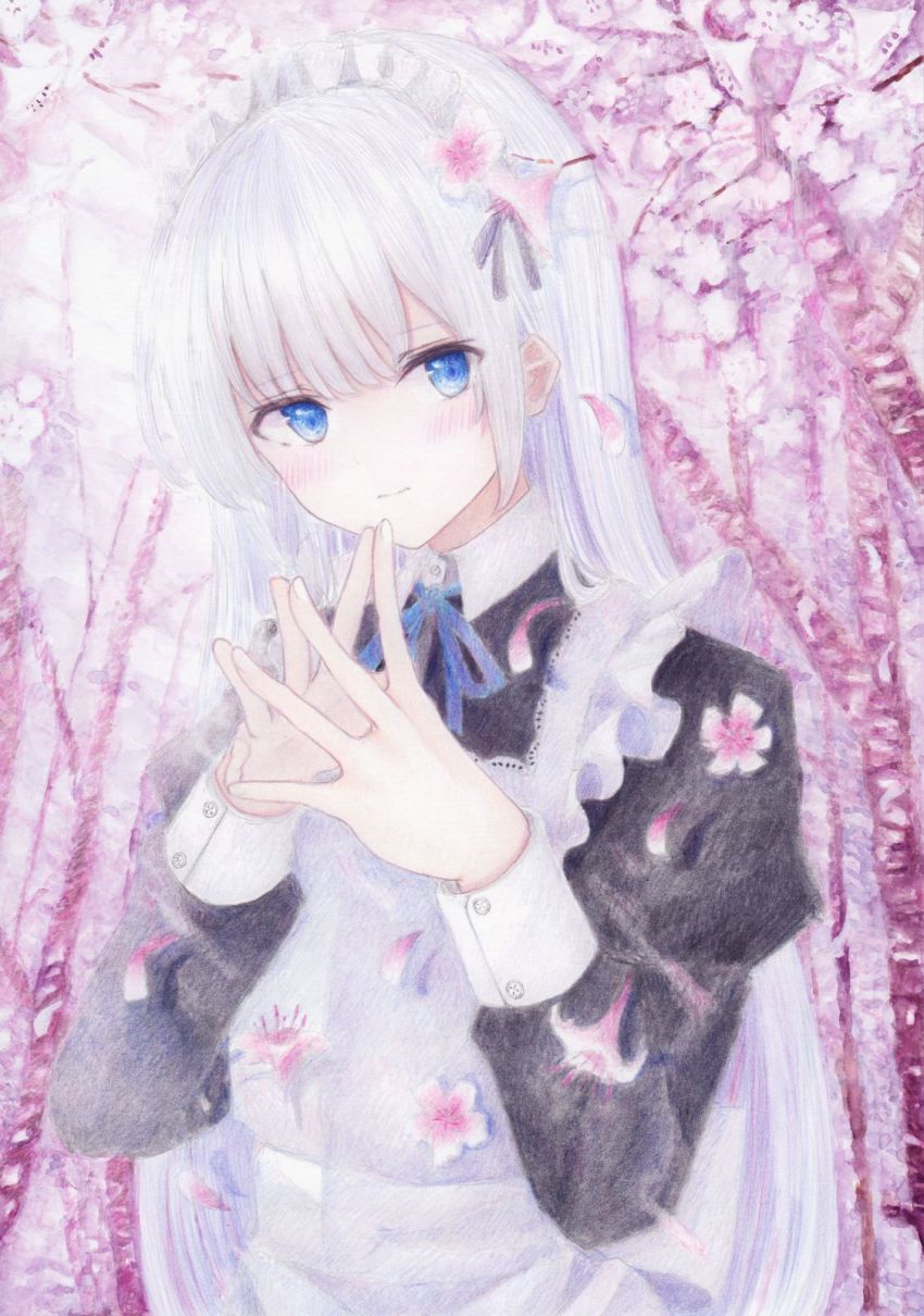 1girl apron blue_eyes blush cherry_blossoms colored_pencil_(medium) darkkanan dress eyes_visible_through_hair hair_between_eyes highres long_hair looking_at_viewer maid maid_apron maid_headdress original outdoors painting_(medium) pinafore_dress sidelocks sleeveless_dress solo traditional_media upper_body watercolor_(medium) white_hair