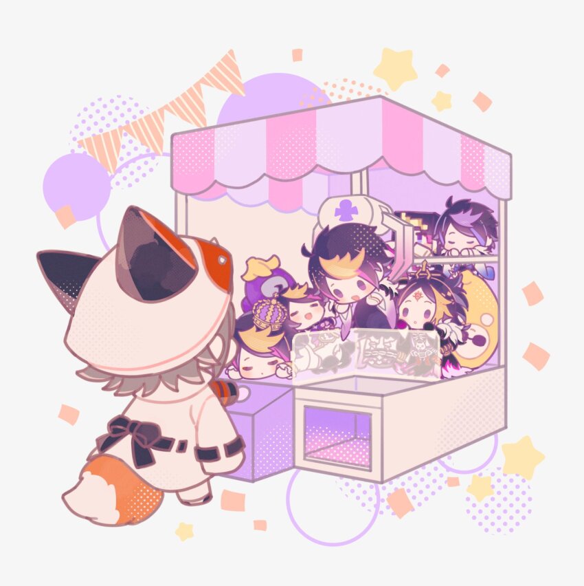 6+boys :d :o among_us animal_ears animal_hat ayame_(3103942) banana_peel black_hair black_pants black_ribbon blonde_hair brown_hair character_doll chibi circle closed_eyes commentary confetti cool_banana_(polygonal_mind) crane_game crewmate_(among_us) crown facial_mark facing_away forehead_mark fox_ears fox_hat fox_tail hat highres jacket jacket_on_shoulders long_hair minecraft mini_person miniboy multicolored_hair multiple_boys mysta_rias mysta_rias_(1st_costume) nijisanji nijisanji_en official_alternate_costume open_mouth pants parted_bangs pennant pink_hair polygonal_mind purple_(among_us) purple_eyes purple_hair ribbon short_hair shu_yamino shu_yamino_(1st_costume) shu_yamino_(2nd_costume) sidelocks simple_background smile standing star_(symbol) streaked_hair string_of_flags swept_bangs tail virtual_youtuber white_background white_headwear white_jacket