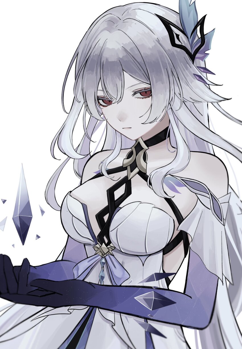 1girl bare_shoulders breasts bug butterfly butterfly_hair_ornament closed_mouth detached_sleeves dress genshin_impact gloves grey_hair hair_between_eyes hair_ornament highres insect long_hair looking_at_viewer red_eyes shirayuki_(shi_rayu_ki) simple_background skirk_(genshin_impact) solo upper_body very_long_hair white_background white_dress
