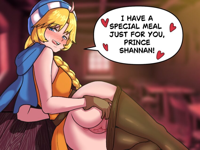 1girl ahoge anus ass beanie belt blonde_hair blush braid braided_ponytail breasts clothes_pull commission commissioner_upload english_text fire_emblem fire_emblem:_genealogy_of_the_holy_war gloves hat heart indoors licking_lips long_hair looking_at_viewer lying mnejing30 naughty_face nintendo on_side orange_tunic pantyhose pantyhose_pull patty_(fire_emblem) presenting public_indecency pussy pussy_juice scarf sleeveless small_breasts smile spoken_heart spread_ass spread_pussy spreading_own_pussy sweat tongue tongue_out tunic