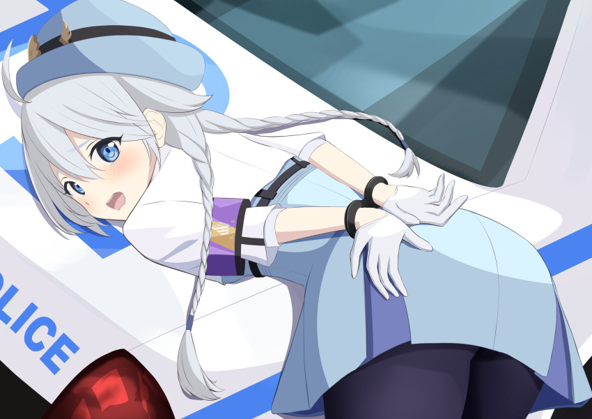 1girl absurdres ass bent_over blue_archive blue_eyes blush braid car cuffs dress embarrassed from_behind gloves grey_hair handcuffed handcuffs hat highres kirino_(blue_archive) long_hair looking_at_viewer motor_vehicle nokonoko open_mouth pantyhose police police_car police_hat police_uniform policewoman short_dress solo sweatdrop twin_braids