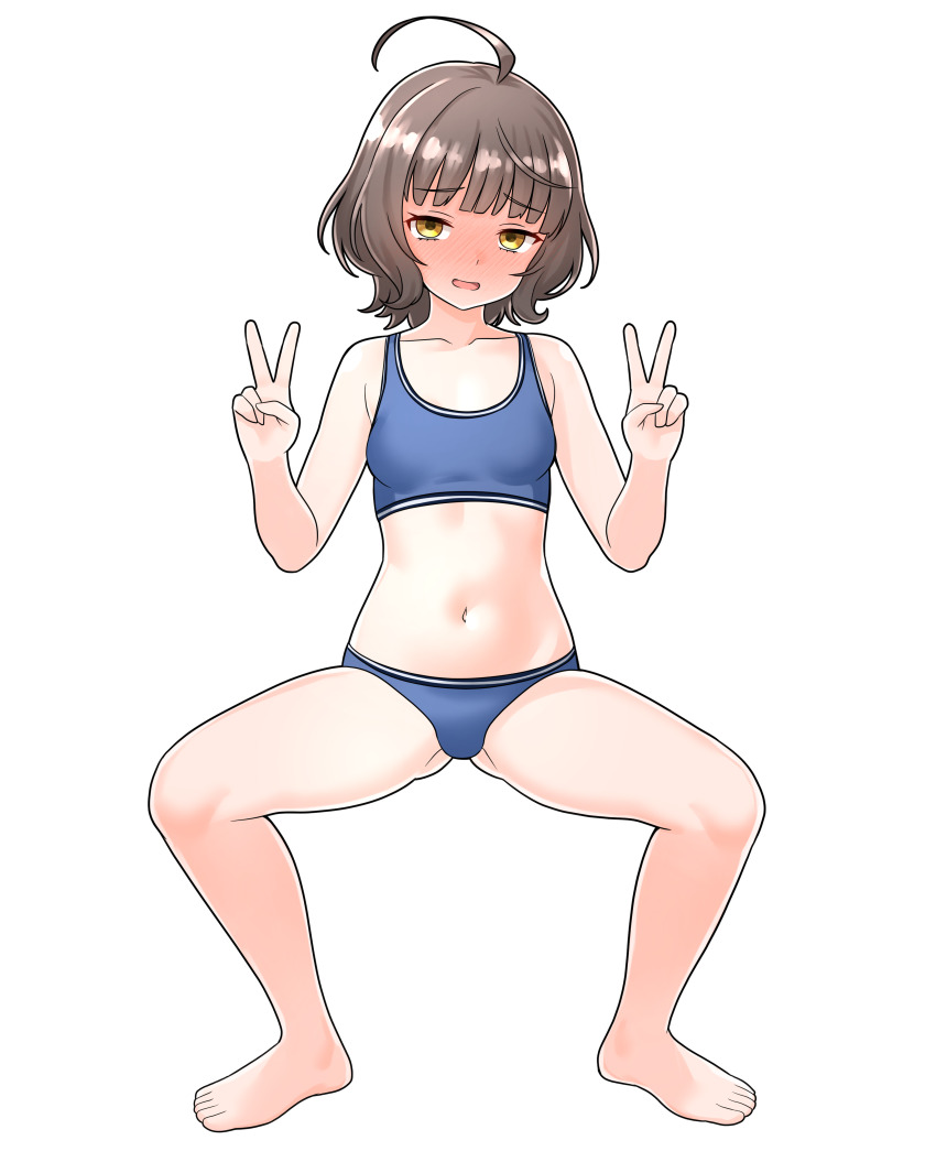 1girl absurdres ahoge blue_panties blue_sports_bra blunt_bangs commentary_request commission cowboy_shot double_v full_body furaggu_(frag_0416) highres kantai_collection kishinami_(kancolle) navel panties pixiv_commission short_hair simple_background solo sports_bra squatting standing stomach thighs underwear v variant_set white_background yellow_eyes