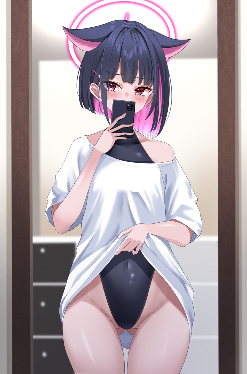 1girl animal_ears black_hair blue_archive blush cat_ears choker clothes_lift colored_inner_animal_ears colored_inner_hair competition_swimsuit covered_navel extra_ears halo hibika highleg highleg_one-piece_swimsuit highres i kazusa_(blue_archive) lifting_own_clothes mirror multicolored_hair one-piece_swimsuit pink_hair pink_halo shirt_lift short_hair swimsuit swimsuit_under_clothes two-tone_hair