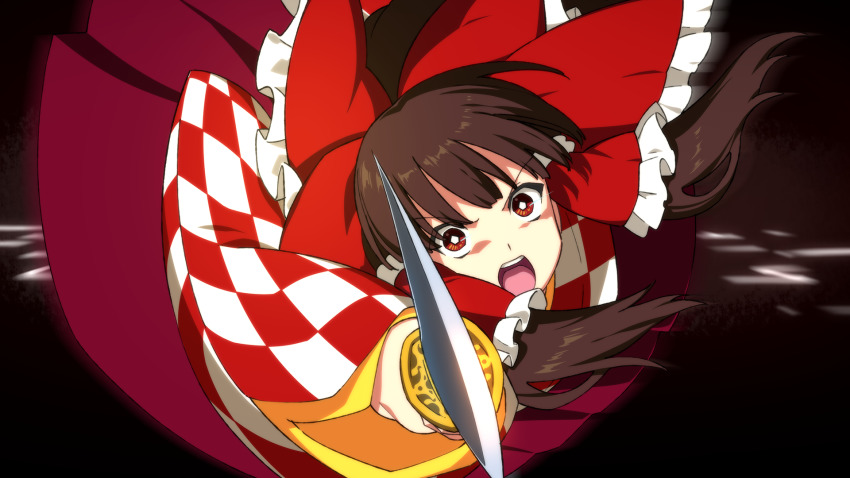 1girl arm_up black_background bow brown_hair cosplay futoumeido hair_ornament hair_tubes hakurei_reimu hand_up highres kamado_tanjirou kamado_tanjirou_(cosplay) kimetsu_no_yaiba long_skirt long_sleeves looking_at_viewer looking_up open_mouth plaid_clothes plaid_shirt red_bow red_eyes red_shirt red_skirt shirt short_hair skirt solo sword touhou weapon white_shirt wide_sleeves