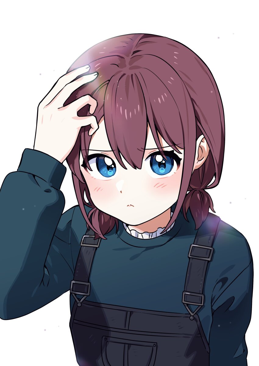 1girl absurdres black_overalls blue_eyes blue_shirt blush closed_mouth commentary_request girls_band_cry habsida_(habsida_hpy) hand_on_own_hip hand_up highres iseri_nina korean_commentary long_sleeves overalls pout red_hair shirt short_twintails solo twintails