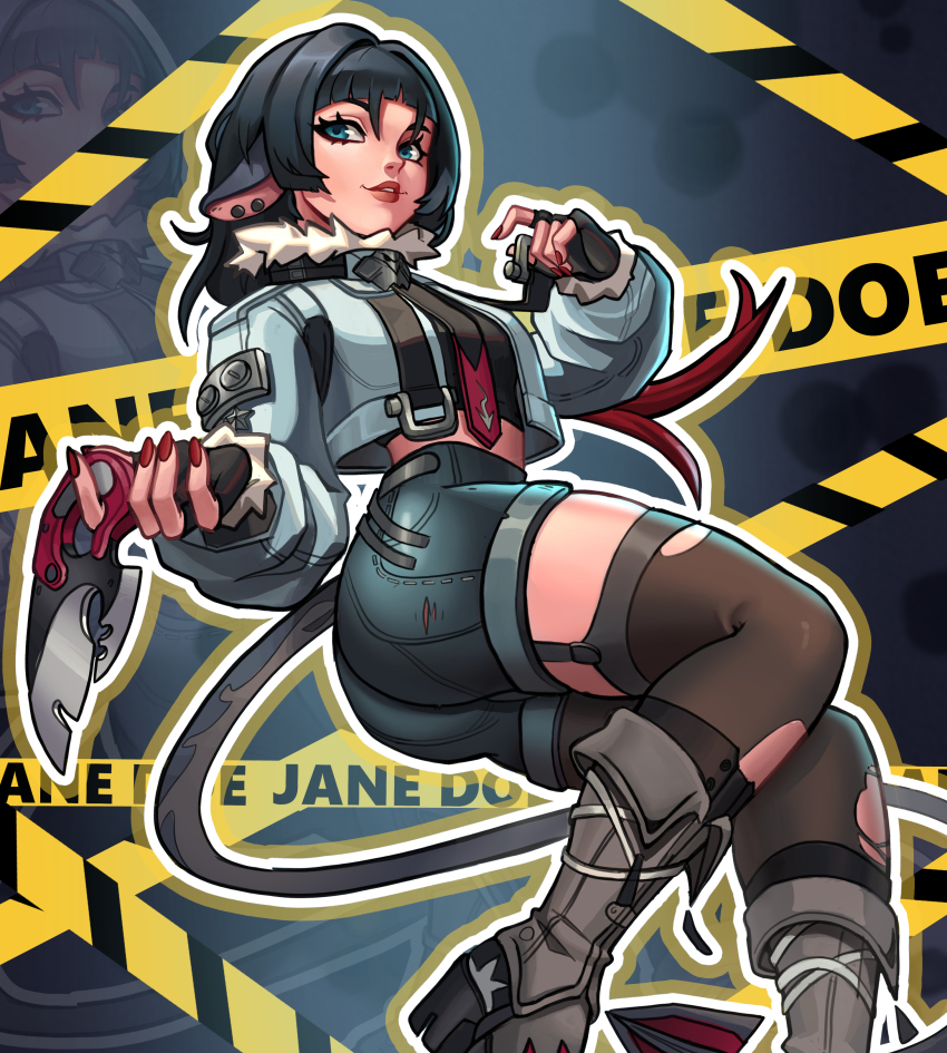 1girl absurdres animal_ears black_hair blue_eyes boots caution_tape fur-trimmed_jacket fur_trim garter_straps green_jacket guntomas1 hair_intakes high-waist_shorts highres holding holding_weapon jacket jane_doe_(zenless_zone_zero) long_tail mouse_ears mouse_girl mouse_tail multicolored_hair necktie pantyhose red_hair red_nails sharp_tail shorts single_garter_strap single_leg_pantyhose single_thighhigh tail thighhighs torn_clothes torn_pantyhose torn_thighhighs two-tone_hair two-tone_necktie weapon zenless_zone_zero