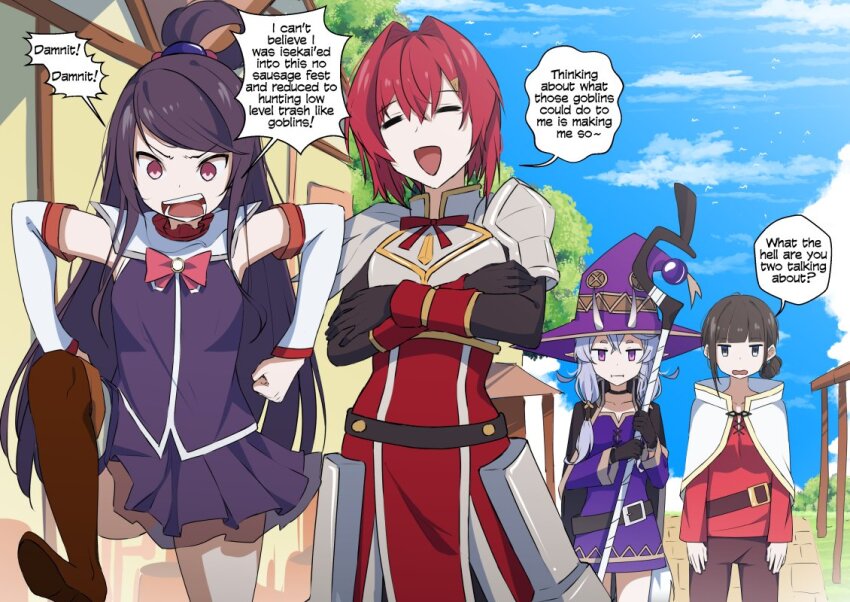 4girls 53c_(ray_cordova) ange_katrina angry aqua_(konosuba) aqua_(konosuba)_(cosplay) armor arms_at_sides belt black_belt black_bodysuit black_cape black_eyes black_gloves black_hair blunt_bangs bodysuit boobplate boots bow breastplate brown_belt brown_footwear brown_pants cape choker closed_eyes closed_mouth commission cosplay crossed_arms darkness_(konosuba) darkness_(konosuba)_(cosplay) deroops detached_sleeves dress english_text fingerless_gloves gloves gundou_mirei hair_bun hair_intakes hair_ornament hair_rings hairpin hat holding holding_staff horns jitome kono_subarashii_sekai_ni_shukufuku_wo! long_hair long_sleeves megumin megumin_(cosplay) multiple_girls neck_ribbon nijisanji open_mouth pants purple_dress purple_eyes purple_hair purple_headwear purple_shirt purple_skirt red_bow red_hair red_ribbon red_shirt ribbon rindou_mikoto satou_kazuma satou_kazuma_(cosplay) second-party_source shirt single_hair_ring skin-covered_horns skirt sleeveless sleeveless_shirt speech_bubble staff suzuka_utako thigh_boots virtual_youtuber white_cape white_sleeves witch_hat
