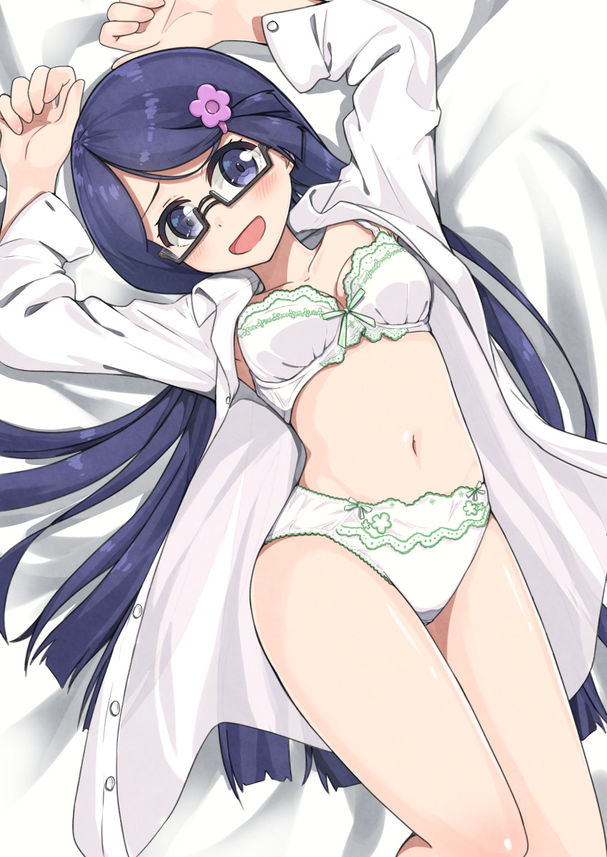 1girl absurdres arms_up blue_eyes blue_hair blush bow bow_bra bow_panties bra breasts crotch_seam fennel_(pokemon) glasses green_bow highres lying medium_breasts navel negimiso1989 nintendo on_back open_clothes open_mouth open_shirt panties pokemon pokemon_bw semi-rimless_eyewear shirt smile solo stomach underwear white_bra white_panties white_shirt