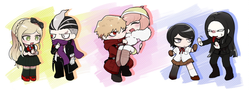 3boys 3girls :d ando_ruruka asymmetrical_clothes bandaged_arm bandages black_bow black_dress black_hair black_jacket black_pants black_thighhighs blonde_hair blush bow bowtie braid brown_footwear brown_gloves brown_skirt character_request chibi danganronpa_(series) danganronpa_2:_goodbye_despair danganronpa_3_(anime) dress freckles full_body fur_collar gem gloves green_eyes green_headwear grey_eyes grey_hair hair_bow heterochromia ikusaba_mukuro izayoi_sounosuke jacket kneehighs long_hair long_tongue multicolored_background multicolored_hair multiple_boys multiple_girls neck_ribbon one_eye_closed open_clothes open_jacket open_mouth pants pink_hair pink_jacket puffy_short_sleeves puffy_sleeves purple_scarf red_bow red_bowtie red_eyes red_footwear red_ribbon ribbon scarf shimada_(dmisx) shoes short_hair short_sleeves shorts single_pantsleg skirt smile socks standing thighhighs tongue tongue_out two-tone_hair undercut