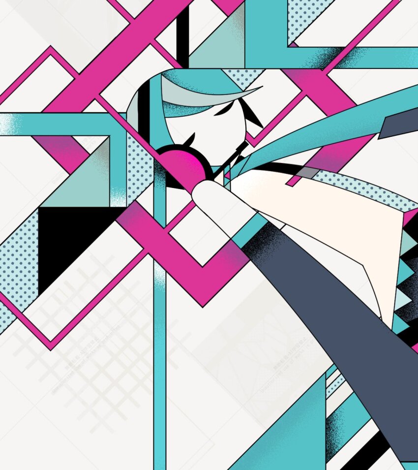 1girl abstract aqua_hair aqua_necktie bare_shoulders closed_eyes detached_sleeves from_side grey_sleeves hair_ornament halftone hatsune_miku headset highres long_sleeves machigami_yoh necktie shirt solo thumbnail_collage twintails upper_body vocaloid watermark white_shirt
