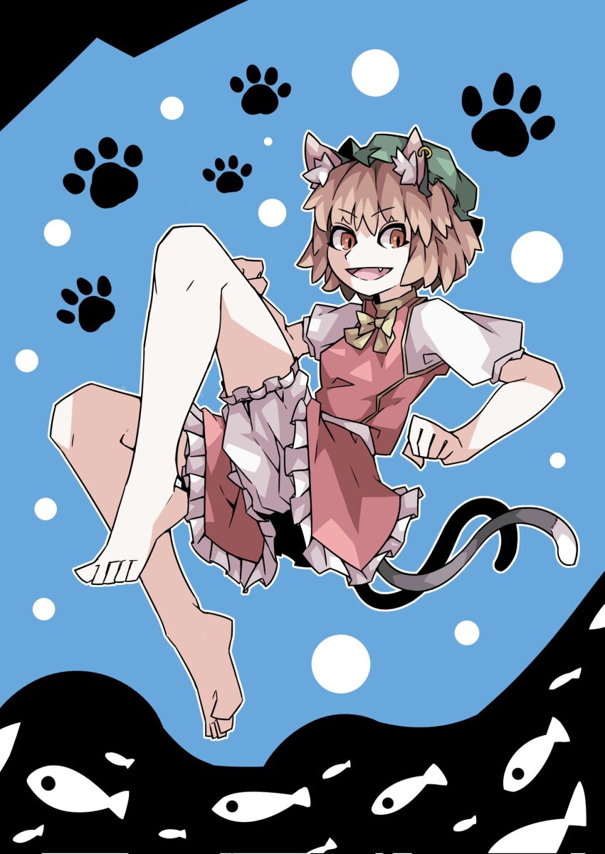 1girl :d animal_ear_piercing animal_ears bare_legs barefoot bloomers blue_background breasts brown_eyes brown_hair cat_ears cat_tail chen commentary_request earrings fang fish_background frills full_body green_hat hat highres jewelry kataba_(user_vdek5387) leg_up looking_at_viewer mob_cap multiple_tails nekomata open_mouth paw_pose paw_print paw_print_background petticoat puffy_short_sleeves puffy_sleeves red_skirt red_vest short_hair short_sleeves simple_background single_earring skirt skirt_set slit_pupils small_breasts smile solo tail toes touhou two_tails underwear v-shaped_eyebrows vest