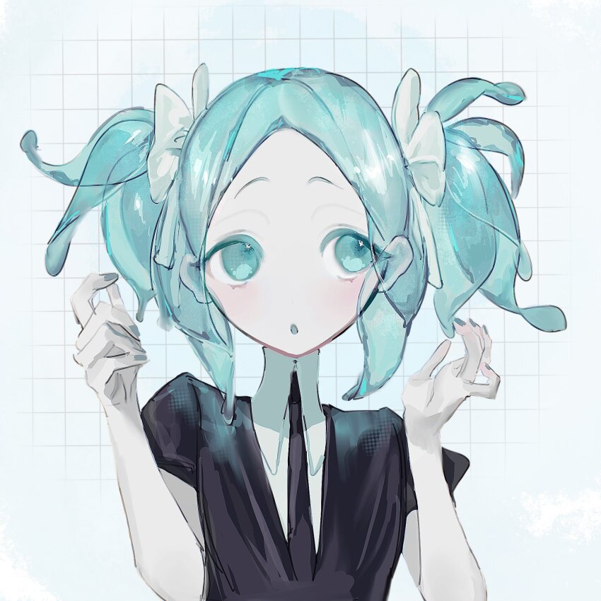 1other alternate_hairstyle aqua_eyes aqua_hair black_jacket black_necktie commentary gem_uniform_(houseki_no_kuni) grid_background haino_0920 highres houseki_no_kuni jacket necktie open_mouth other_focus phosphophyllite puffy_short_sleeves puffy_sleeves shirt short_sleeves short_twintails translucent_hair twintails upper_body white_shirt