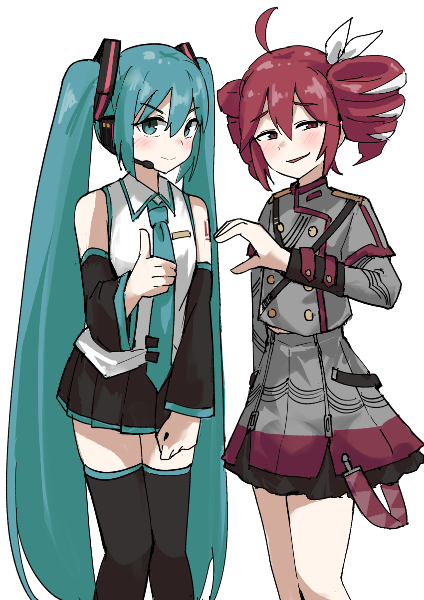 2girls ahoge bare_shoulders black_skirt black_sleeves black_thighhighs blue_eyes blue_hair blue_necktie blush closed_mouth detached_sleeves drill_hair grey_jacket grey_skirt hair_between_eyes hair_ribbon hatsune_miku headphones heart_hands_failure highres jacket kasane_teto long_hair looking_at_viewer meme multiple_girls necktie open_mouth red_eyes red_hair ribbon shirt sidelocks skirt smile tenten_(chan4545) thighhighs thumbs_up twin_drills twintails utau vocaloid white_ribbon white_shirt