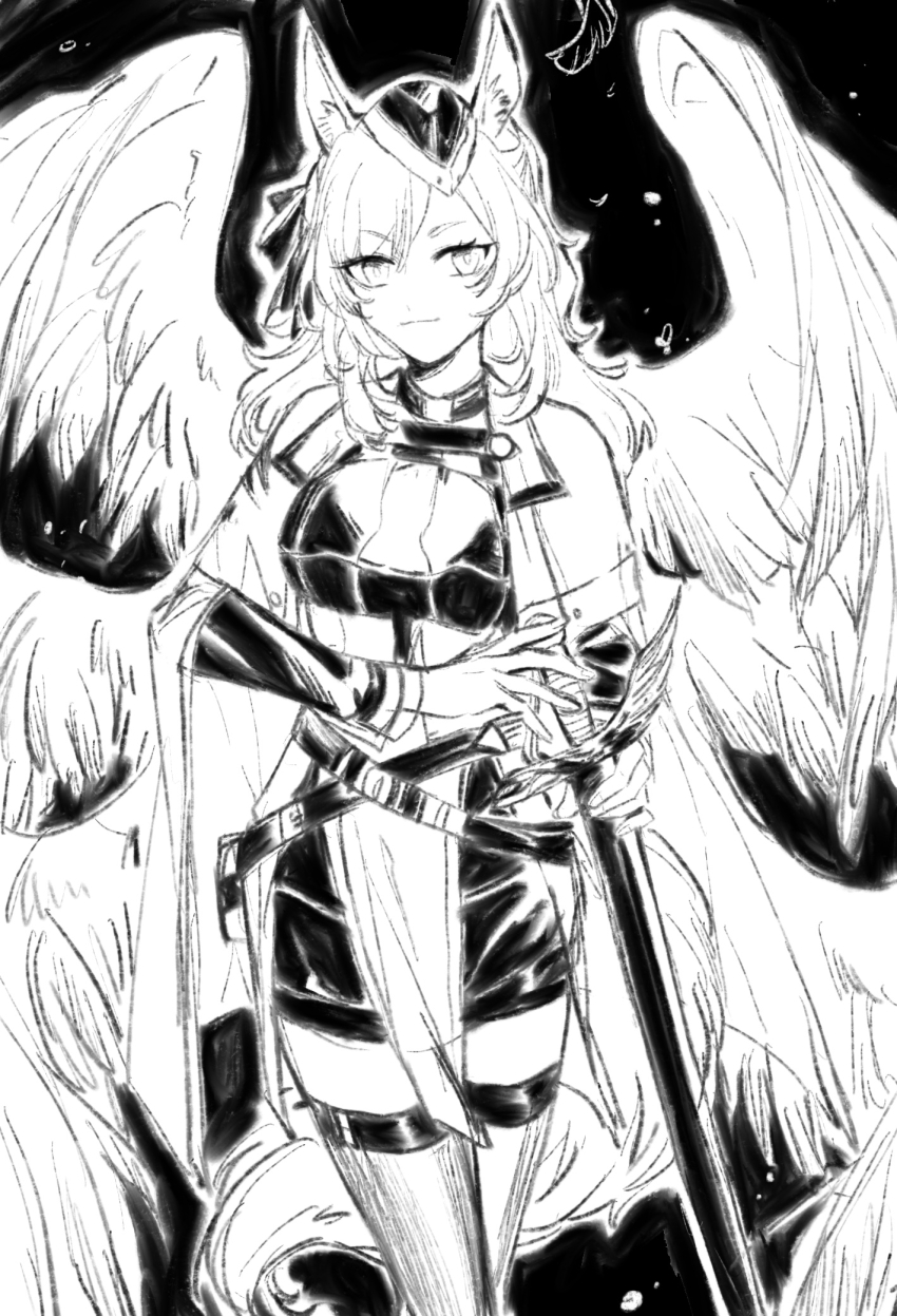 1girl :3 animal_ear_fluff animal_ears arknights belt black_feathers black_footwear black_hat black_ribbon black_thighhighs bow breasts cape chinese_commentary collar crossed_legs feathers full_body garrison_cap hair_ribbon hat high_heels highres holding holding_sword holding_weapon horse_ears horse_girl horse_tail long_hair long_sleeves looking_to_the_side medium_breasts medium_hair multiple_wings open_mouth ribbon schwarzcrz short_eyebrows smile solo standing swept_bangs sword tail thighhighs translation_request v-shaped_eyebrows watson_cross weapon whislash_(arknights) white_cape wings