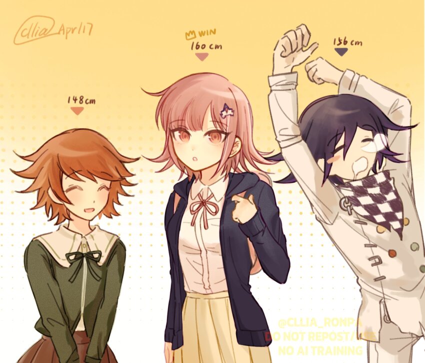 1girl 2boys :d :o arms_up black_hair black_jacket blush brown_eyes brown_hair buttons checkered_neckerchief collared_shirt danganronpa:_trigger_happy_havoc danganronpa_(series) danganronpa_2:_goodbye_despair danganronpa_v3:_killing_harmony double-breasted flipped_hair fujisaki_chihiro green_jacket highres jacket kazzz long_sleeves medium_hair multiple_boys nanami_chiaki neck_ribbon neckerchief oma_kokichi open_mouth pink_ribbon ribbon shirt shirt_tucked_in smile white_background white_jacket white_shirt