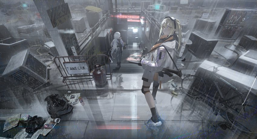 2girls absurdres bicycle blonde_hair boots city cityscape closed_mouth commentary english_commentary goggles goggles_on_head grey_pants gun hair_between_eyes highres holding holding_gun holding_weapon jacket knee_pads long_hair long_sleeves looking_at_viewer looking_back multiple_girls neon_lights orange_eyes original pants rain reflection road_sign shoes short_hair sign socks stairs standing tmt trash_bag very_long_hair walking weapon white_hair