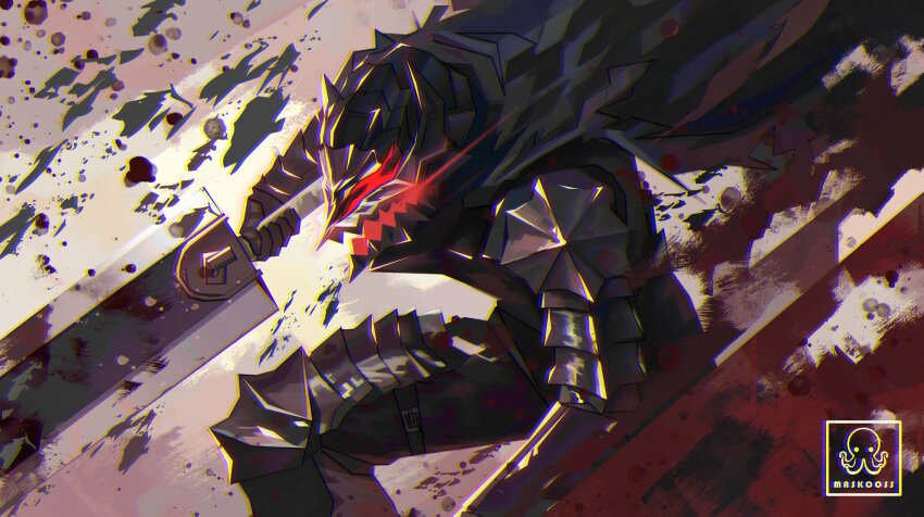 armor berserk berserker_armor blood cape guts_(berserk) highres holding holding_sword holding_weapon jaws maskoo185826 red_eyes sword weapon