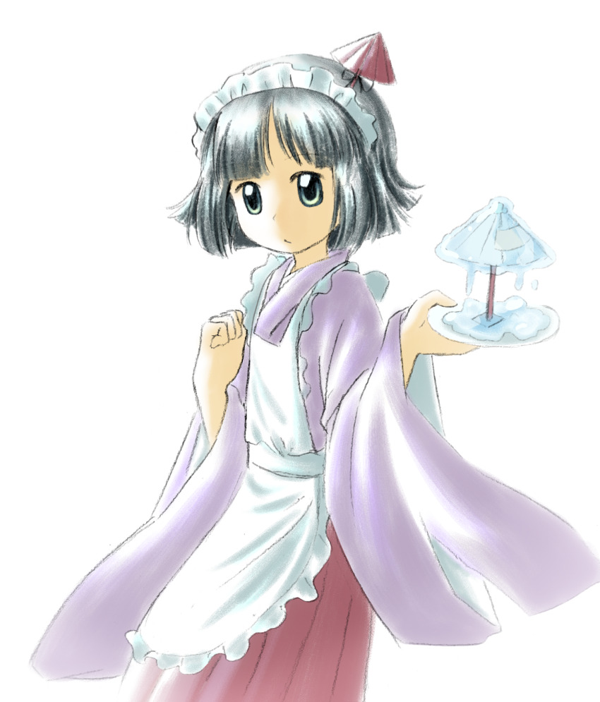 1other adapted_costume amanomiya_jun androgynous apron baila_kuangzi black_hair chinese_commentary closed_mouth commentary_request frilled_apron frills green_eyes hakama hakama_skirt hand_up highres japanese_clothes kimono len&#039;en maid_apron maid_headdress other_focus purple_kimono red_hakama short_hair simple_background skirt solo two-sided_fabric two-sided_sleeves umbrella_hair_ornament white_apron white_background wide_sleeves