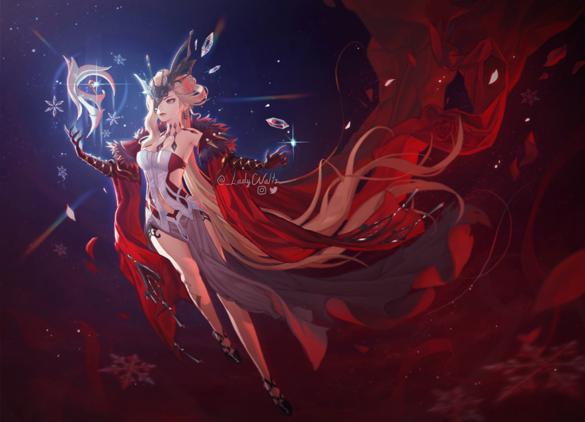 1girl bare_shoulders black_footwear black_mask blonde_hair breasts cleavage delusion_(genshin_impact) dress earrings elbow_gloves eye_mask floating_earrings fur_trim genshin_impact gloves half_mask highres jewelry lace-trimmed_eyepatch ladywaltz large_pectorals long_hair mask mask_over_one_eye one_eye_covered pectorals signora_(genshin_impact) thighs very_long_hair white_dress