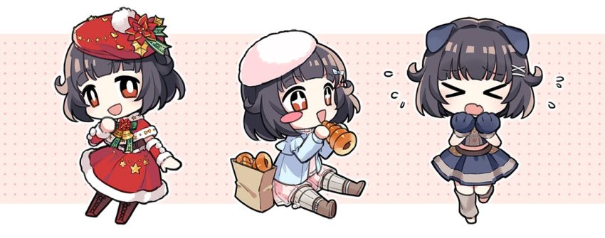 &gt;_&lt; +_+ 1girl animal_ears animal_hands bag bang_dream! belt_collar beret black_hair blue_jacket blush_stickers boots bow brown_footwear capelet chibi chocolate_cornet christmas collar detached_sleeves dog_ears dress eating fang flower flying_sweatdrops food frills gloves green_ribbon grey_legwear hair_bow hair_flaps hair_ornament hairpin hand_to_own_mouth hat hat_flower hat_ribbon holding holding_food jacket multiple_views nashi_(tidal0414) outline paper_bag paw_gloves pom_pom_(clothes) red_capelet red_eyes red_headwear red_skirt ribbon short_hair sitting skirt standing star_(symbol) ushigome_rimi white_headwear white_outline x_hair_ornament