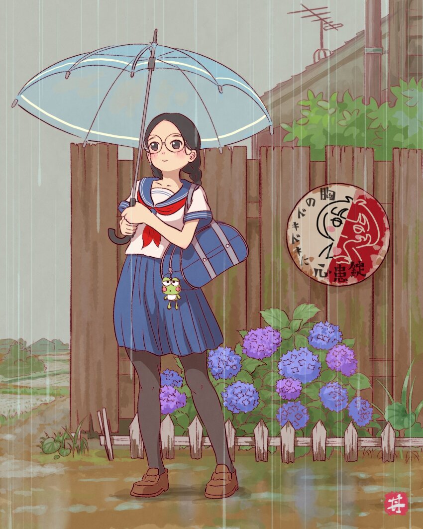 1girl bag bag_charm bifudon black_eyes black_hair black_pantyhose blue_bag blue_sailor_collar blue_skirt braid brown_shoes charm_(object) collarbone fence flower grass highres holding holding_umbrella hydrangea loafers neckerchief original outdoors pantyhose radio_antenna rain red_neckerchief rice_paddy round_eyewear sailor_collar school_uniform serafuku shirt shoes shoulder_bag skirt solo standing twin_braids umbrella white_shirt wooden_fence