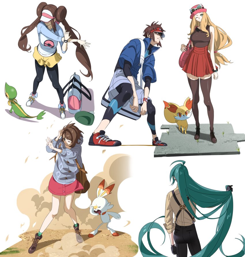 1boy 4girls 987645321o absurdly_long_hair absurdres ahoge alternate_hair_length alternate_hairstyle ass bag black_gloves black_pants black_pantyhose black_thighhighs blonde_hair bob_cut bodysuit breasts brown_eyes brown_hair cardigan cross-body_stretch donut_hair_bun double_bun dress fennekin flat_ass from_above from_behind gen_5_pokemon gen_6_pokemon gen_8_pokemon gloria_(pokemon) gloves green_hair grey_cardigan hair_bun hand_up hat highres holding holding_own_hair jacket long_hair long_sleeves multiple_girls nate_(pokemon) nintendo pants pantyhose pantyhose_under_shorts pink_dress poke_ball_print pokemon pokemon_(creature) pokemon_bw2 pokemon_sv pokemon_swsh pokemon_xy raglan_sleeves red_skirt rika_(pokemon) rosa_(pokemon) scorbunny serena_(pokemon) shaded_face shirt short_hair shorts shoulder_bag simple_background skirt sleeveless sleeveless_shirt sleeves_rolled_up snivy sunglasses suspenders thighhighs twintails very_long_hair visor_cap white_background yellow_shorts