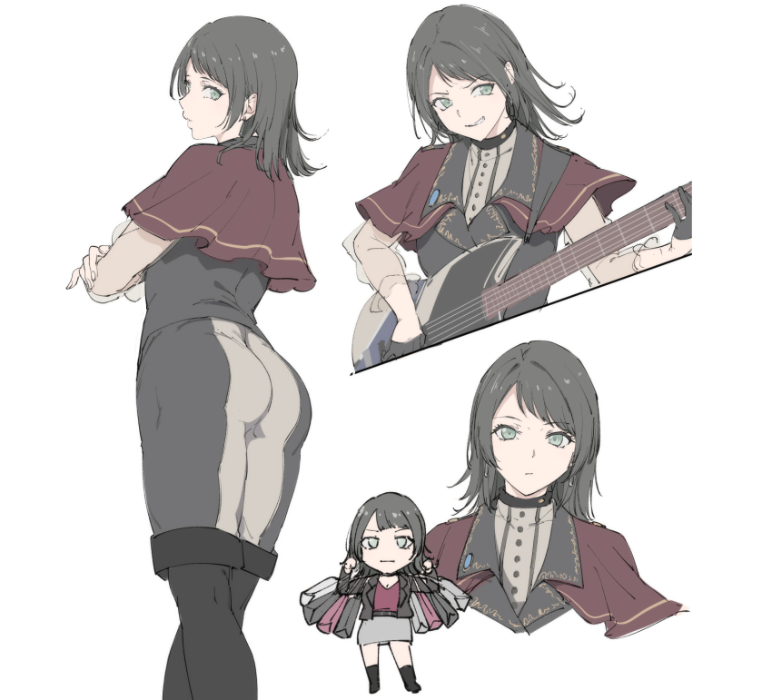 1girl :| alp aqua_eyes ass bag bang_dream! bang_dream!_it&#039;s_mygo!!!!! bass_guitar belt black_belt black_boots black_gloves black_hair black_jacket black_pants black_vest boots capelet chibi closed_mouth cropped_arms cropped_torso crossed_arms earrings feet_out_of_frame from_below from_side gloves grey_pants grey_shirt grey_skirt grin half_gloves hands_up highres holding holding_bag holding_bass_guitar holding_instrument instrument jacket jewelry long_sleeves looking_ahead looking_at_viewer looking_to_the_side medium_hair miniskirt multiple_views music open_clothes open_jacket pants parted_lips pencil_skirt playing_bass_guitar playing_instrument red_capelet red_shirt see-through_clothes see-through_sleeves shirt shopping_bag simple_background skirt smile standing thigh_boots tight_clothes tight_pants timoris_(bang_dream!) two-tone_pants upper_body vest white_background yahata_umiri