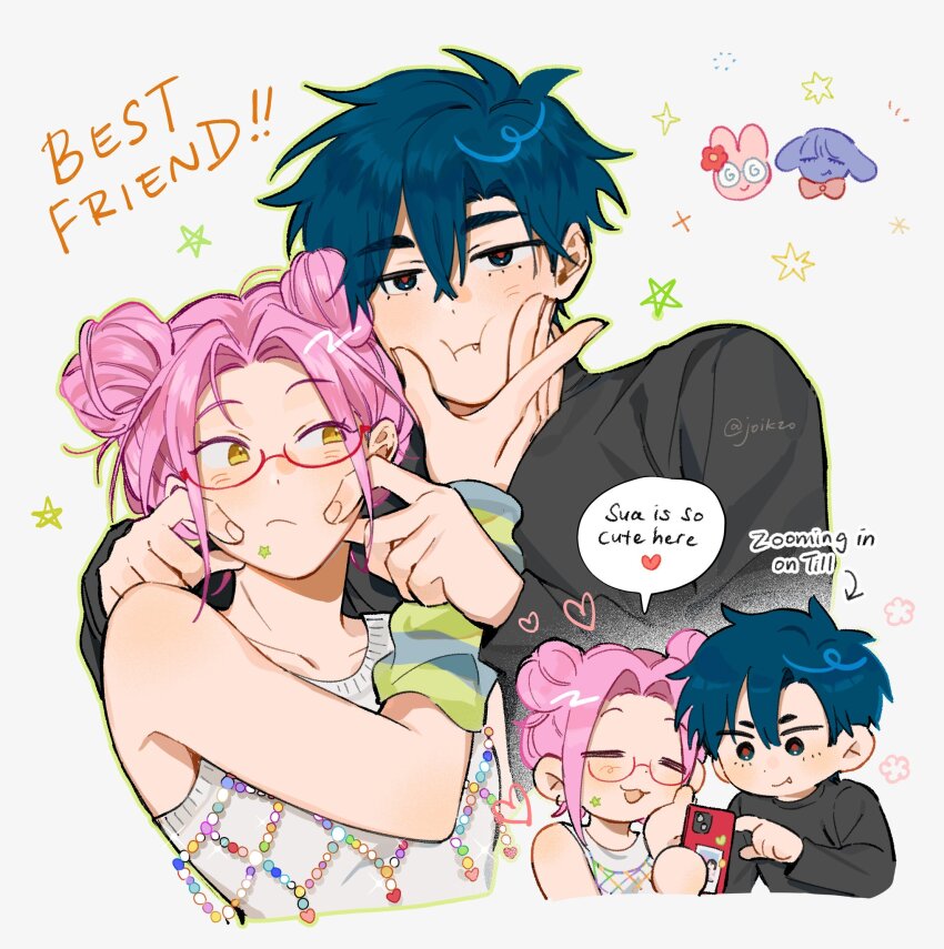1boy 1girl alien_stage animalization arm_warmers beads black_eyes black_hair black_shirt cheek_squash closed_eyes commentary double_bun english_text fang fang_out frown glasses hair_bun hashtag-only_commentary highres ivan_(alien_stage) joikzo long_sleeves mizi_(alien_stage) person_and_animalization pink_hair rabbit red-framed_eyewear red_pupils shirt short_hair smile star_(symbol) sweater_vest very_short_hair white_sweater_vest yellow_eyes