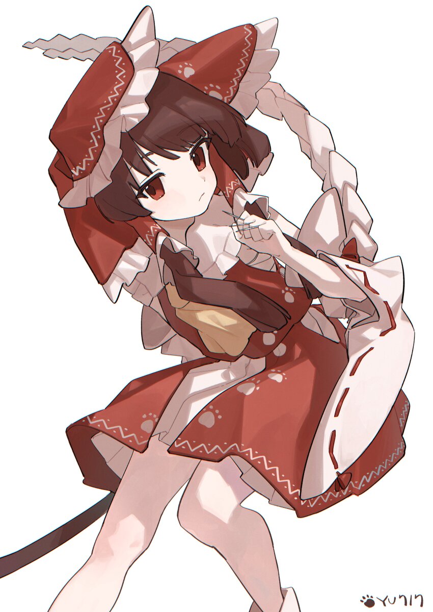 1girl absurdres ascot bow brown_hair cindy717 closed_mouth commentary_request detached_sleeves frilled_bow frilled_hair_tubes frills gohei hair_bow hair_tubes hakurei_reimu highres holding holding_gohei long_hair looking_at_viewer needle paw_print paw_print_pattern red_bow red_eyes red_skirt ribbon-trimmed_sleeves ribbon_trim signature skirt skirt_set solo touhou yellow_ascot