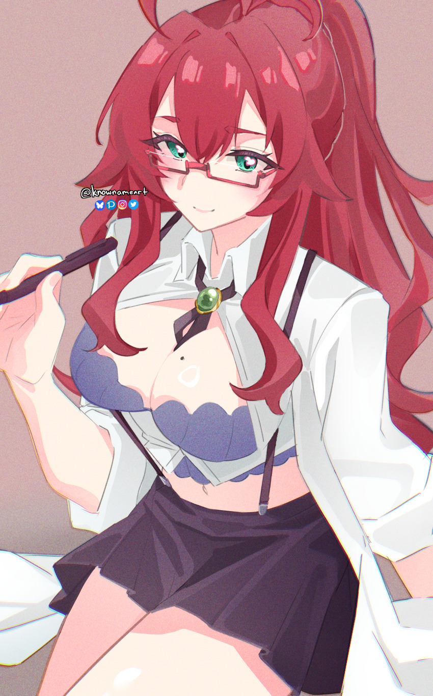 1girl absurdres ahoge artist_name black_skirt bluesky_logo bolo_tie bra breasts brown_background cleavage closed_mouth coat commentary cowboy_shot female_focus green_eyes hair_between_eyes heart heart-shaped_pupils highres holding holding_pen instagram_logo kimi_no_koto_ga_dai_dai_dai_dai_daisuki_na_100-nin_no_kanojo knowname lab_coat large_breasts long_hair looking_at_viewer midriff mole mole_on_breast navel open_clothes open_coat pen pixiv_logo pleated_skirt ponytail purple_bra rectangular_eyewear red-framed_eyewear red_hair semi-rimless_eyewear sitting skirt smile solo suspender_skirt suspenders symbol-shaped_pupils twitter_logo twitter_username under-rim_eyewear underwear white_coat yakuzen_kusuri yakuzen_kusuri_(older)