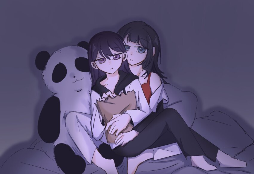 2girls bang_dream! bang_dream!_it&#039;s_mygo!!!!! barefoot black_hair black_pants blue_eyes brown_hair chewing_gum closed_mouth commentary cuddling eight_ha7 food hashtag-only_commentary highres hood hoodie long_hair looking_at_viewer mole mole_under_eye multiple_girls pants popcorn purple_eyes red_tank_top shiina_taki shirt sitting sitting_on_lap sitting_on_person stuffed_animal stuffed_panda stuffed_toy tank_top white_hoodie white_pants white_shirt yahata_umiri yuri