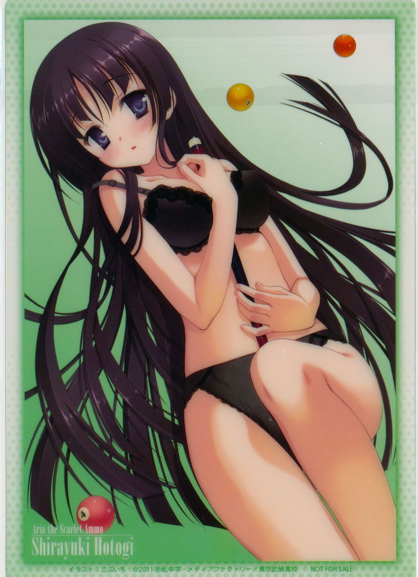 1girl black_hair blue_eyes bra breasts female_focus gradient_background hidan_no_aria highres hotogi_shirayuki kobuichi lingerie long_hair lying official_art on_back panties scan solo text_focus underwear