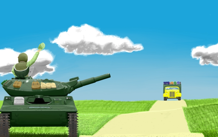 1boy assault_gun can caterpillar_tracks cloud day glass hat highres jerry_can m551_sheridan male_focus military military_hat military_uniform military_vehicle motor_vehicle original package sky tank trail truck waving wwwww_(sswwwww)