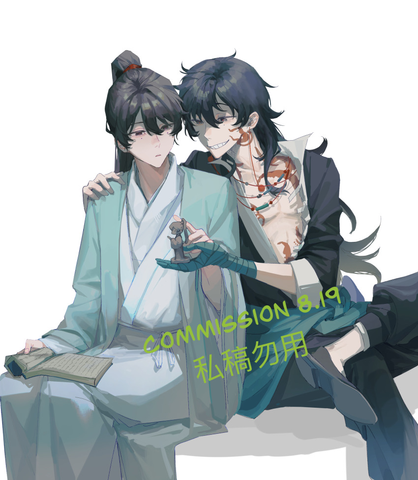 2boys absurdres aqua_coat bandaged_hand bandages black_eyes black_jacket black_pants black_shoes cen_boyao chest_tattoo chinese_clothes chinese_commentary coat commentary_request commission dated earrings grin hair_between_eyes hanfu highres huayangshan_jishi jacket jewelry long_hair luogu male_focus mole mole_under_each_eye mole_under_eye multiple_boys multiple_moles open_clothes open_coat open_jacket open_shirt pants ponytail shirt shoes sitting smile tattoo watermark white_background white_hanfu white_shirt zhao_yuwen