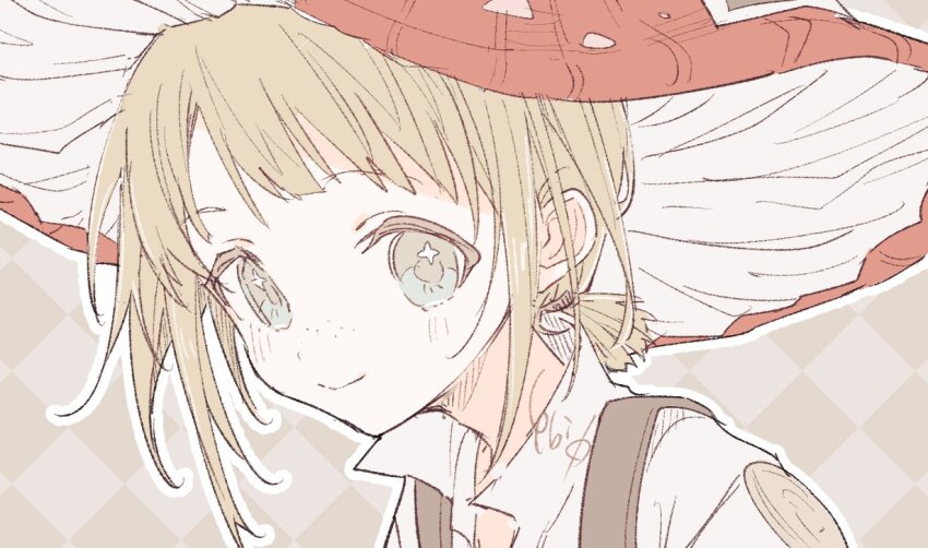 1boy aqua_eyes argyle_background blonde_hair brown_background closed_mouth ebi0_r ezra_theodore freckles hat low_ponytail male_focus mushroom_hat ponytail portrait red_hat reverse:1999 shirt short_hair smile solo sparkling_eyes white_shirt