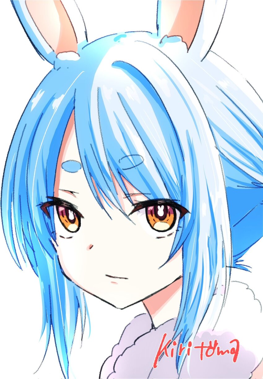 1girl animal_ear_fluff animal_ears blue_hair brown_eyes closed_mouth commentary_request don-chan_(usada_pekora) hair_between_eyes highres hololive kiritoma looking_at_viewer portrait rabbit-shaped_pupils rabbit_ears sidelocks signature simple_background solo symbol-shaped_pupils usada_pekora virtual_youtuber white_background