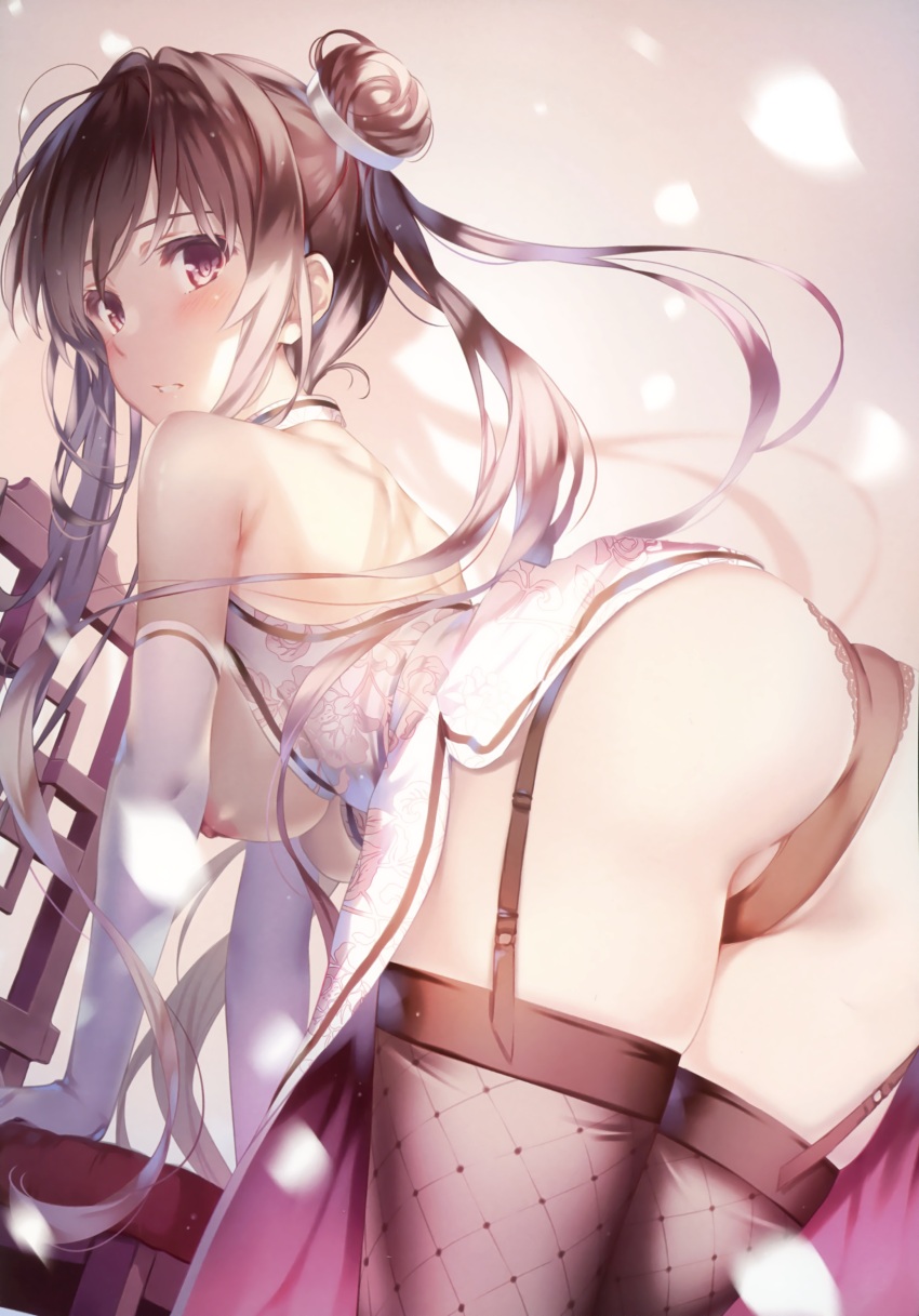 1girl absurdres ass backless_outfit bare_shoulders black_panties blurry blush breasts brown_eyes brown_hair chair china_dress chinese_clothes comic_aun cover dress elbow_gloves fishnet_thighhighs fishnets floral_print from_behind garter_straps gloves hair_bun highres leaning_forward lips long_hair looking_at_viewer looking_back magazine_cover medium_breasts misaki_kurehito nipples panties parted_lips petals shiny_skin short_dress simple_background sleeveless sleeveless_dress textless_version thighhighs thighs tougetsu_matsuri underwear white_gloves