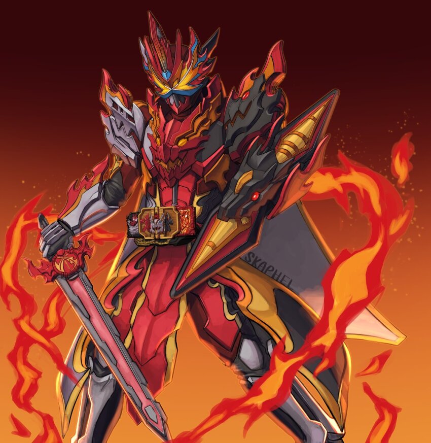 1boy armor black_armor bone_armor brave_dragon elemental_dragon emotional_dragon fiery_background fire fusion gloves glowing glowing_eyes helmet holding holding_sword holding_weapon horns kaenken_rekka kamen_rider kamen_rider_saber kamen_rider_saber_(series) kamen_rider_saber_primitive_dragon_brave_dragon knight male_focus shield shoulder_armor skaphel solo sword tokusatsu weapon white_armor wonder_ride_book