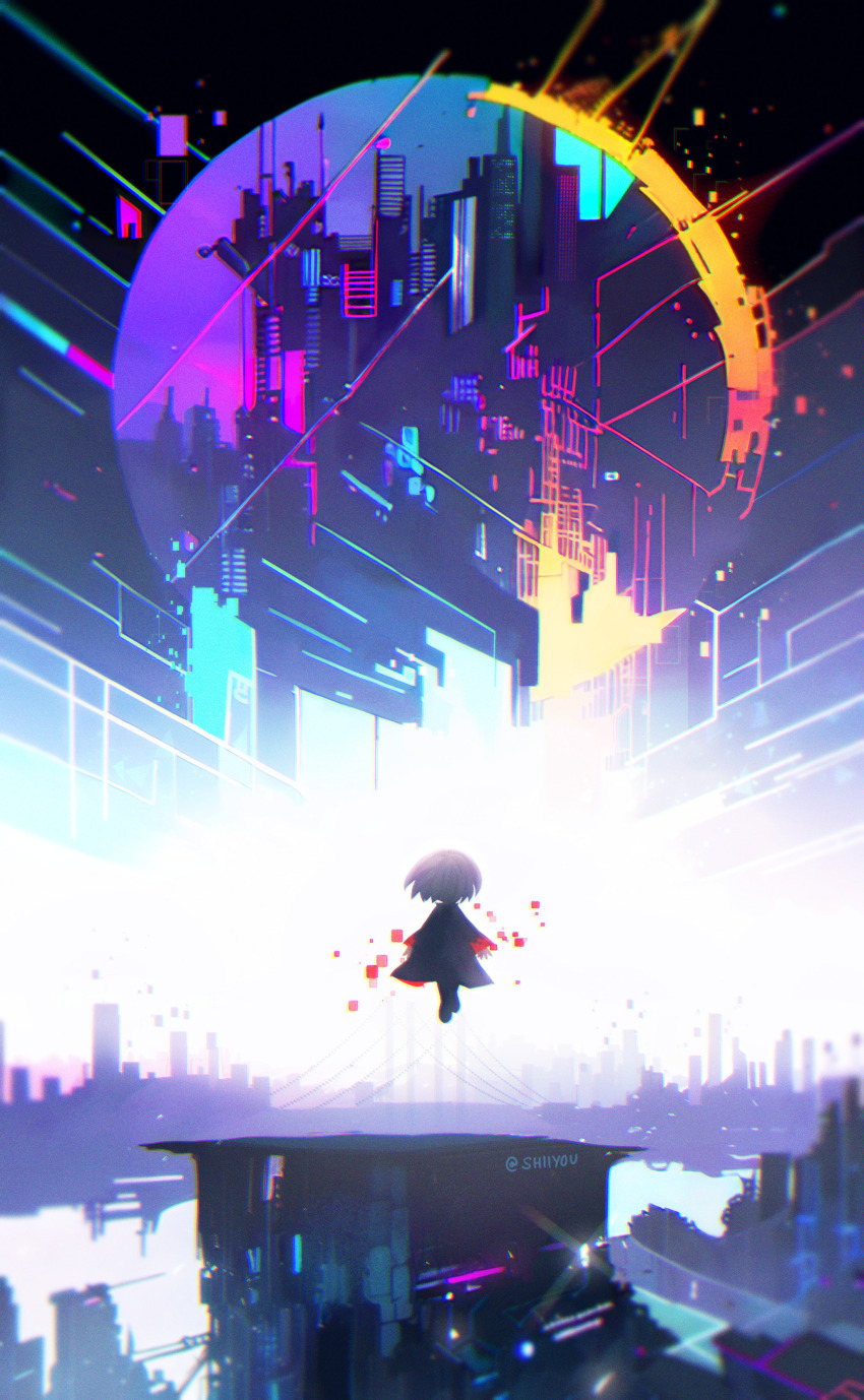 1girl absurdres artist_name black_dress building city commentary cyberspace dress english_commentary facing_away floating glitch highres long_sleeves sage_(sonic) shiiyou short_hair solo sonic_(series) sonic_frontiers twitter_username white_hair