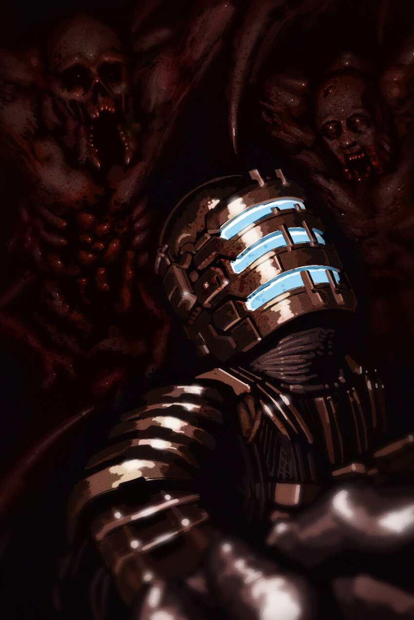 1boy absurdres alt_text armor black_gloves commentary dead_space dead_space_1 dead_space_remake english_commentary gloves helmet highres horror_(theme) jj_rabbid looking_up male_focus necromorph open_mouth perspective power_armor