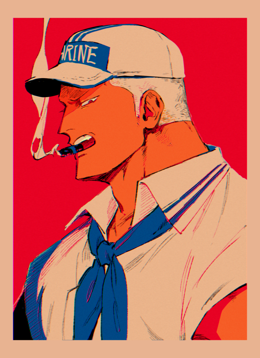 1boy alternate_hair_length alternate_hairstyle baseball_cap blue_neckerchief border brown_eyes buzz_cut cigar collared_shirt commentary_request grey_border hat highres jitome kabane_(rjev8385) looking_at_viewer male_focus military_uniform mouth_hold muscular muscular_male naval_uniform neckerchief one_piece profile red_background sailor_collar shirt short_hair simple_background smoke smoke_trail smoker_(one_piece) smoking solo teeth upper_body upper_teeth_only very_short_hair white_hair white_hat