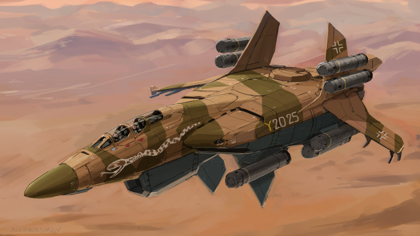 2025 2boys aircraft airplane anachronism chinese_zodiac cross desert fighter_jet flying highres hozumi_sousei iron_cross luftwaffe military_vehicle missile_pod multiple_boys original science_fiction vehicle_focus year_of_the_snake